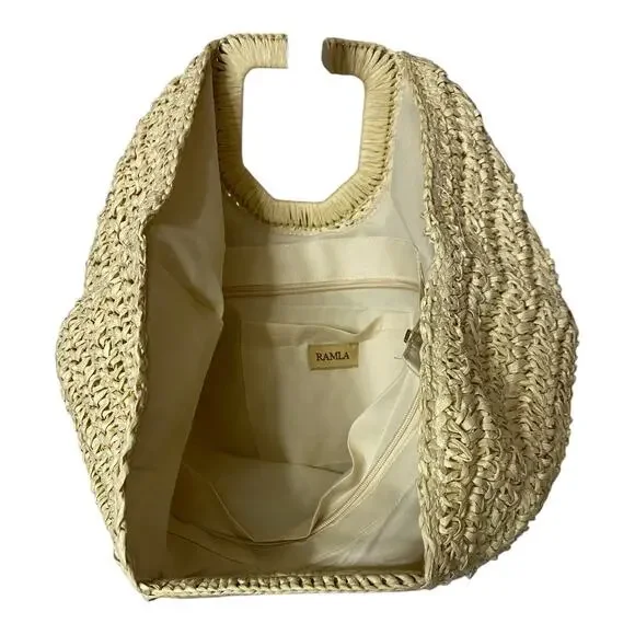 Ramla Woven Raffia Creasant Top Handle Bag Purse Tan Straw Boho Beach Vacation - Picture 2 of 6